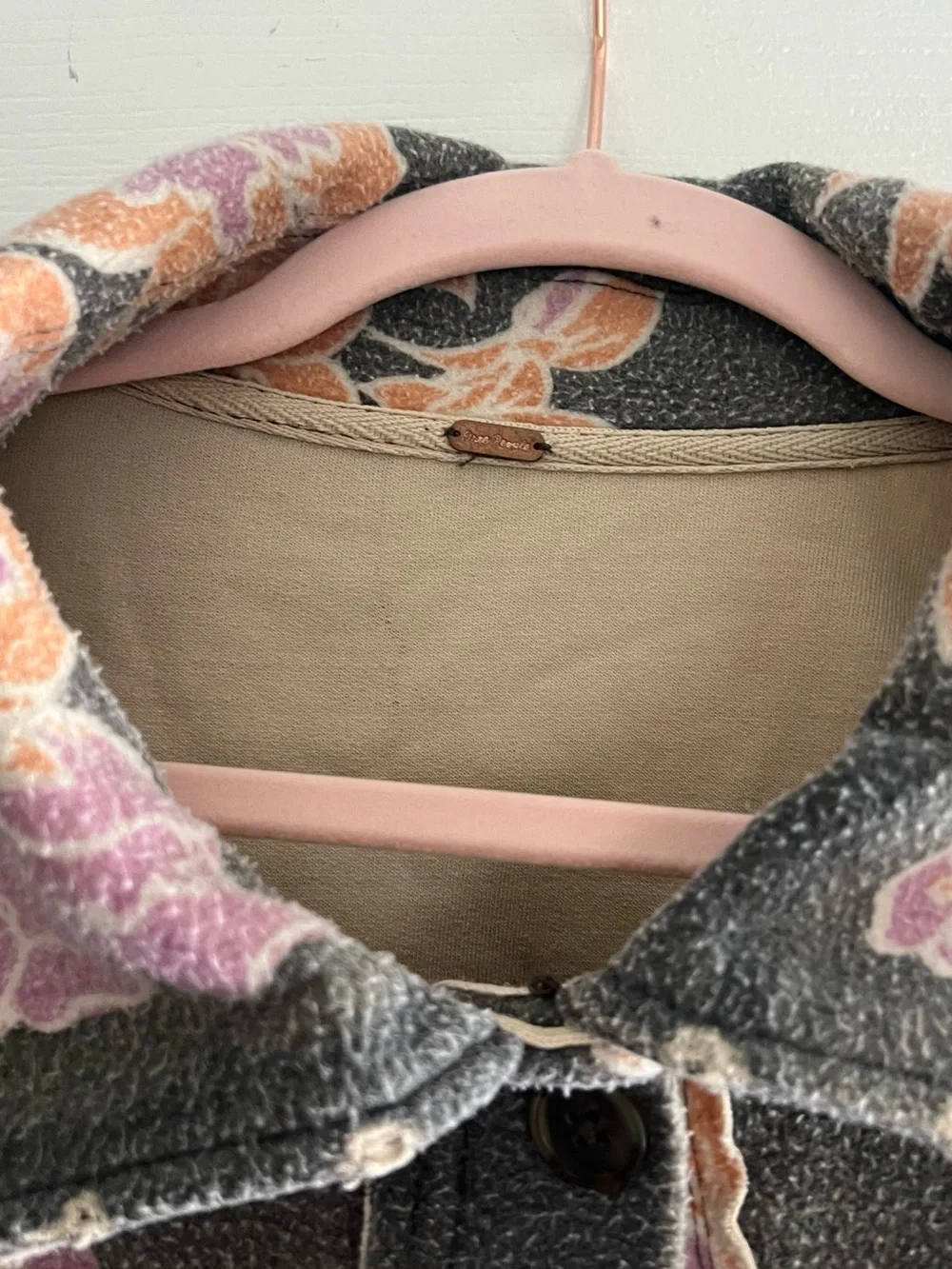 Free People Floral Button-Front Shacket in Gray, Peach & Lavender - Picture 4 of 4